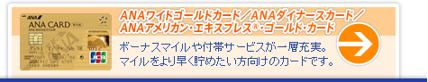 ANAワイドゴールドカード/ANAダイナースカード/ANAアメリカン・エキスプレス®・ゴールド・カード ボーナスマイルや付帯サービスが一層充実。マイルをより早く貯めたい方向けのカードです。