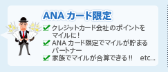 ≪ANAカード限定≫
クレジットカード会社のポイントをマイルに!
ANAカード限定でマイルが貯まるパートナー
家族でマイルが合算できる! etc..