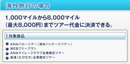 海外旅行の場合 1,000マイルから8,000マイル(最大8,000円)までツアー代金に決済できる。 対象商品:ANAハローツアー(海外パッケージツアー)、WEBフリープラン、ANAマイレージクラブ会員限定ツアー、旅達(たびだち)会員限定ツアー