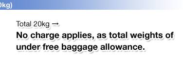 Total 20kg No charge applies, as total weights of under free baggage allowance.