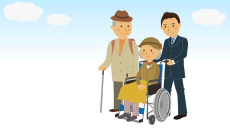 イメージイラスト ご旅行のご高齢のご夫婦。奥様は車いすを使用されています。そのお二人を空港係員がお手伝いしています。
