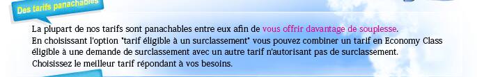 La plupart de nos tarifs sont panachables entre eux afin de vous offrir davantage de souplesse. En choisissant l'option "tarif éligible à un surclassement" vous pouvez combiner un tarif en Economy Class éligible à une demande de surclassement avec un autre tarif n'autorisant pas de surclassement. Choisissez le meilleur tarif répondant à vos besoins.
