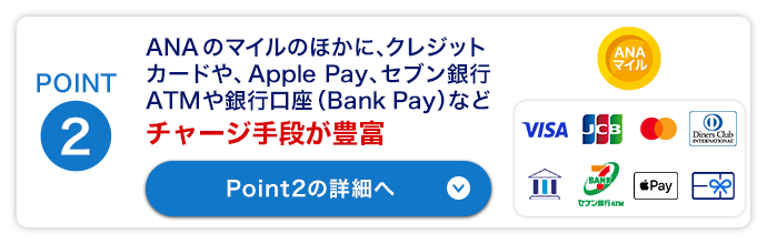 point2　　ANAのマイルのほかに、クレジットカードや、Apple Pay、セブン銀行ATMや銀行口座（Bank Pay）などチャージ手段が豊富。Point2の詳細はこちらをクリック