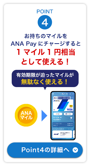 POINT4　お持ちのマイルをANA Payにチャージすると1マイル1円相当として使える！Point4の詳細はこちらをクリック