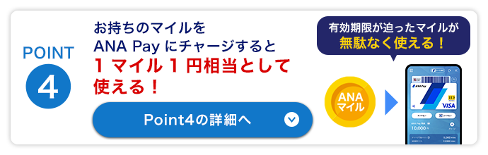 POINT4　お持ちのマイルをANA Payにチャージすると1マイル1円相当として使える！Point4の詳細はこちらをクリック