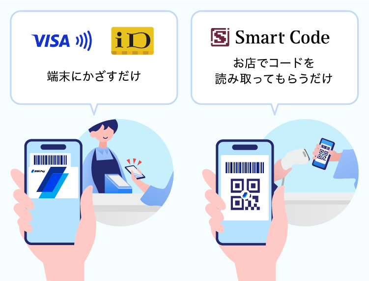 VISAとIDは端末にかざすだけ。SmartCodeはお店でコードを読み取ってもらうだけ。