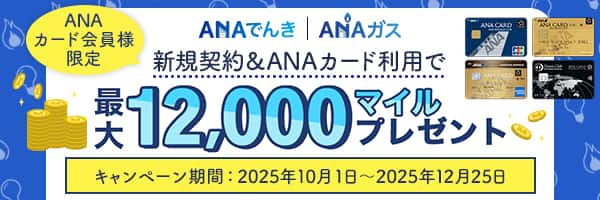 ANAカード会員様限定 ANAでんき・ANAガス新規契約＆ANAカード利用で最大12,000マイルプレゼント キャンペーン期間：2025年10月1日～2025年12月25日