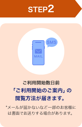 STEP2 ご利用開始数日前 「ご利用開始のご案内」の閲覧方法が届きます *メールが届かないなど一部のお客様には書面でお送りする場合があります。