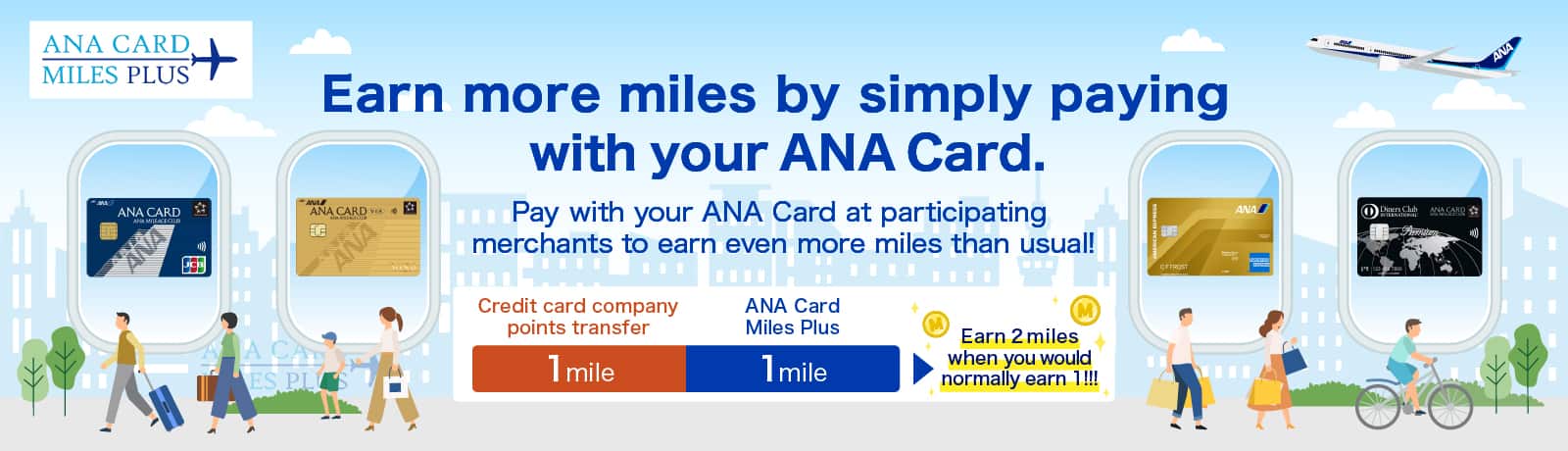 ANA Card Miles Plus Earn more miles by simply paying with your ANA Card. Pay with your ANA Card at participating merchants to earn even more miles than usual! Credit card company points transfer: 1 mile ANA Card Miles Plus: 1 mile Earn 2 miles when you would normally earn 1!