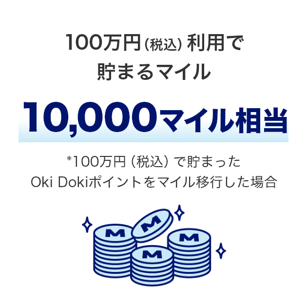 100万円(税込)利用で貯まるマイル 10,000マイル相当 *100万円(税込)で貯まったOki Dokiポイントをマイル移行した場合