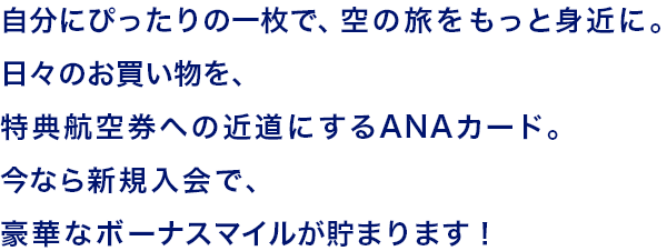 自分にぴったりの一枚で、空の旅をもっと身近に。日々のお買い物を、特典航空券への近道にするANAカード。今なら新規入会で、豪華なボーナスマイルが貯まります！