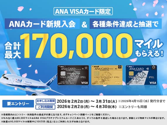 ANA VISAカード限定 ANAカード新規入会&各種条件達成と抽選で合計最大170,000マイルもらえるキャンペーン