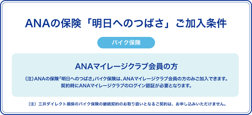 ANAの保険　明日へのつばさ　ご加入条件　バイク保険　ANAマイレージクラブ会員の方　*ANAの保険「明日へのつばさ」バイク保険は、ANAマイレージクラブ会員の方のみご加入できます。契約時にANAマイレージクラブのログイン認証が必要となります。