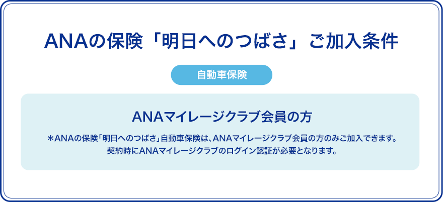 ANAの保険　明日へのつばさ　ご加入条件　自動車保険　ANAマイレージクラブ会員の方　*ANAの保険「明日へのつばさ」自動車保険は、ANAマイレージクラブ会員の方のみご加入できます。契約時にANAマイレージクラブのログイン認証が必要となります。