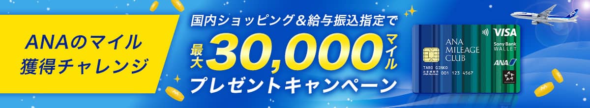 ANAのマイル獲得チャレンジ 国内ショッピング＆給与振込指定で最大30,000マイルプレゼントキャンペーン