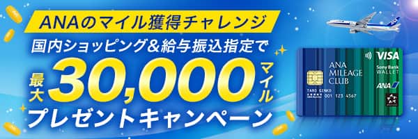ANAのマイル獲得チャレンジ 国内ショッピング＆給与振込指定で最大30,000マイルプレゼントキャンペーン
