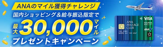 ANAのマイル獲得チャレンジ 国内ショッピング＆給与振込指定で最大30,000マイルプレゼントキャンペーン