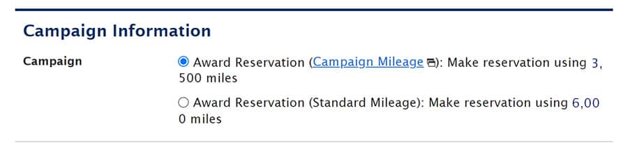 Screen capture:Selecting Award Reservation (Campaign Mileage) in the campaign information box at the bottom of the Select Passenger screen.