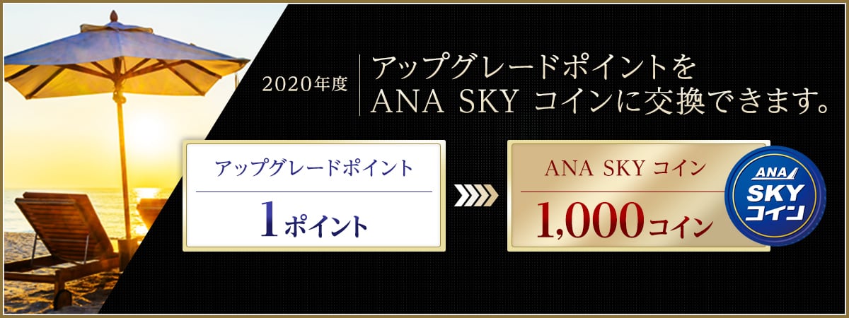 2020年度 アップグレードポイントをANA SKY コインに交換できます。 累計100ポイントの交換を上限に、最大で10万コインに交換可能です！