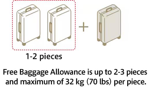 1-2 pieces Free Baggage Allowance is up to 2-3 pieces and maximum of 32 kg (70 lbs) per piece.