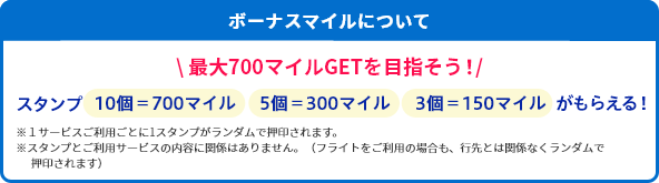 ボーナスマイルについて \ 最大700マイルGETを目指そう！/ スタンプ10個＝700マイル 5個＝300マイル 3個＝150マイルがもらえる！ ※１サービスご利用ごとに1スタンプがランダムで押印されます。※スタンプとご利用サービスの内容に関係はありません。（フライトをご利用の場合も、行先とは関係なくランダムで押印されます）