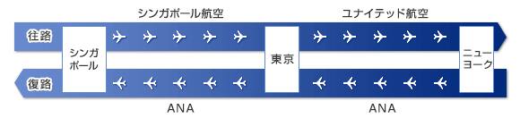 往路はシンガポール航空でシンガポール発、東京で24時間以内に乗り継ぎをして、ユナイテッド航空でニューヨーク着。復路はANAでニューヨーク発、東京で24時間以内に乗り継ぎをして、シンガポール着。