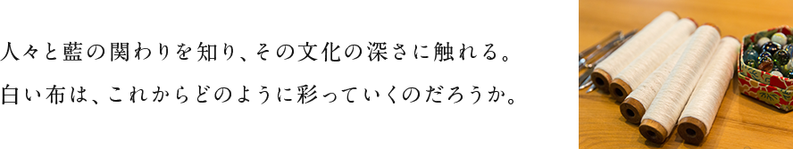 人々と藍の関わりを知り、その文化の深さに触れる。 白い布は、これからどのように彩っていくのだろうか。