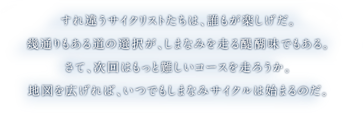 すれ違うサイクリストたちは、誰もが楽しげだ。幾通りもある道の選択が、しまなみを走る醍醐味でもある。さて、次回はもっと難しいコースを走ろうか。地図を広げれば、いつでもしまなみサイクルは始まるのだ。