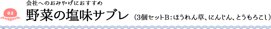 会社へのおみやげにおすすめ 野菜の塩味サブレ （3個セットB：ほうれん草、にんじん、とうもろこし）