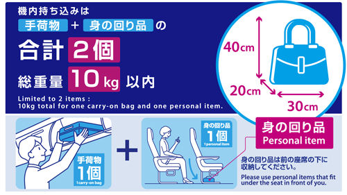 機内持ち込みは手荷物+身の回り品の合計2個 総重量10kg以内 身の回り品は前の座席の下に収納してください。