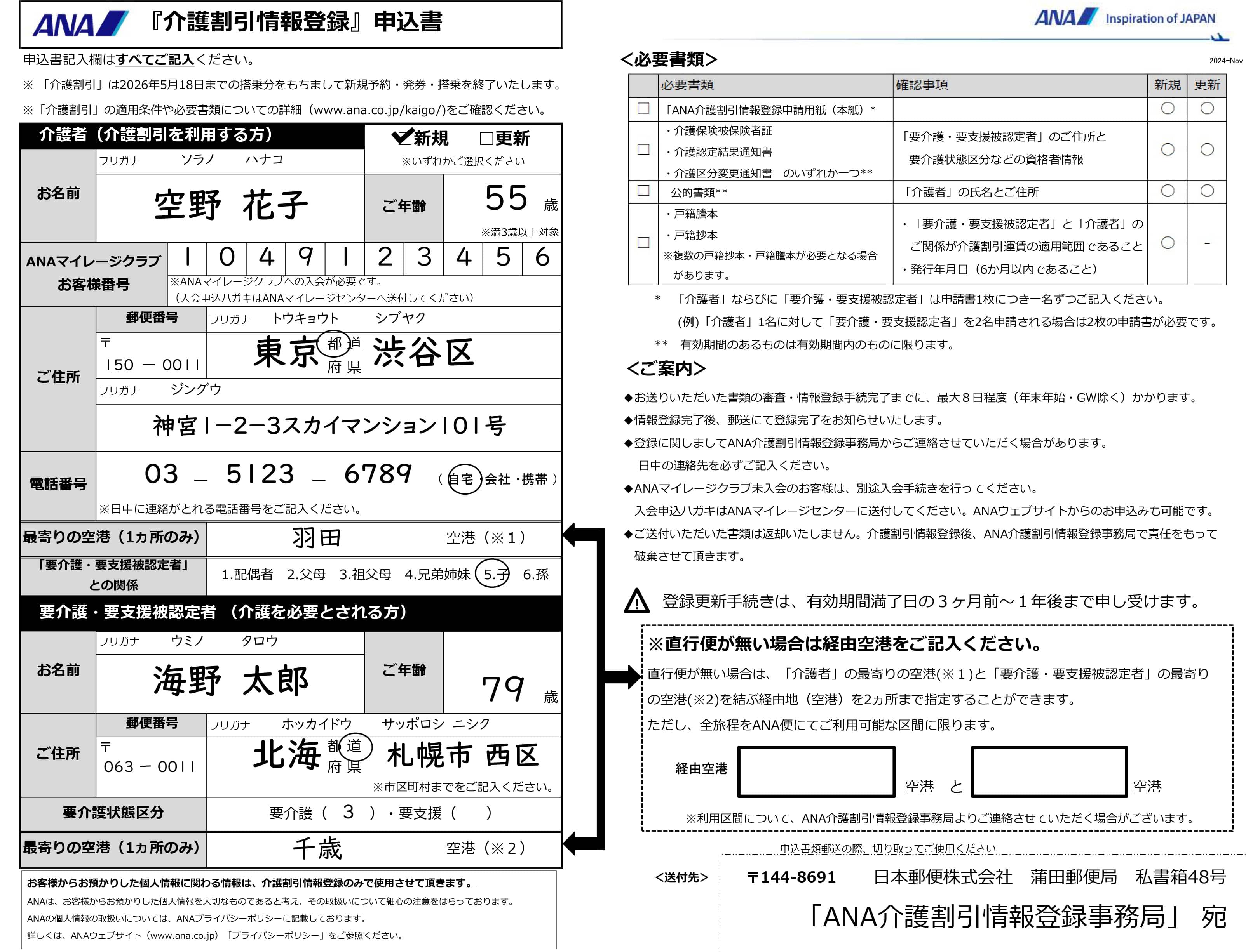 ANA介護割引 情報登録申請用紙記入例イメージ