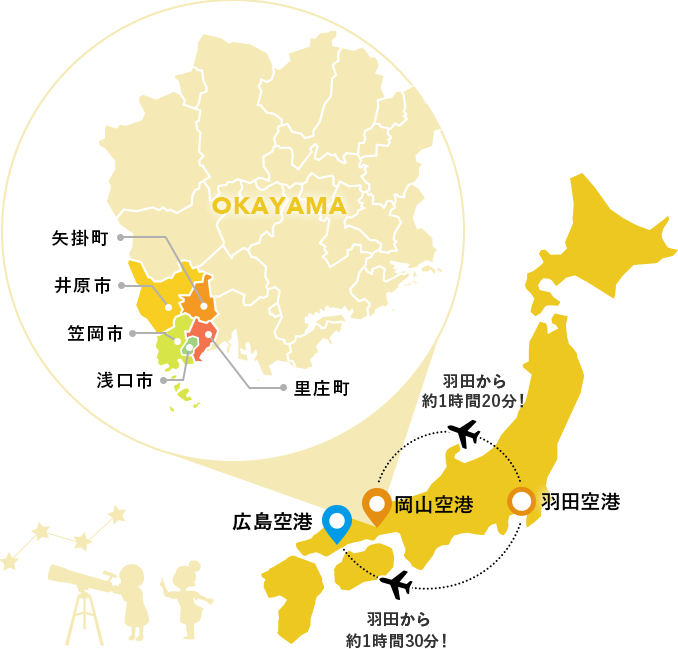 岡山県・井笠エリアの地図 羽田空港から岡山桃太郎空港まで飛行機で約1時間20分！ 羽田空港から広島空港まで飛行機で約1時間30分！
