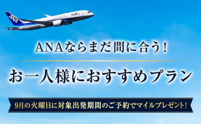 ANAならまだ間に合う！ お一人様におすすめプラン 9月の火曜日に対象出発期間のご予約でマイルプレゼント！