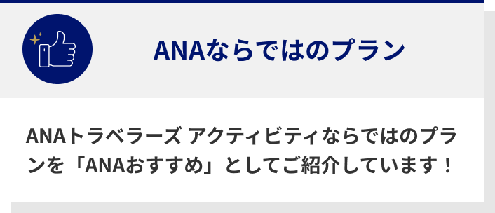 ANAならではのプラン　ANAトラベラーズ アクティビティならではのプランを「ANAおすすめ」としてご紹介しています！