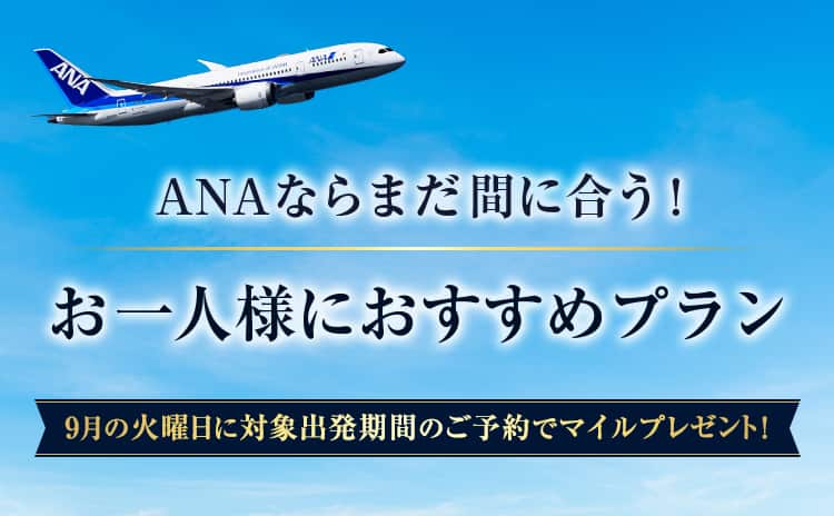 ANAならまだ間に合う!お一人様におすすめプラン9月の火曜日に対象出発期間のご予約でマイルプレゼント！