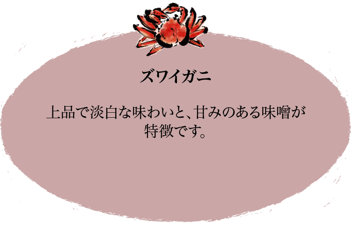 ズワイガニ 上品で淡泊な味わいと、甘みのある味噌が特徴です。