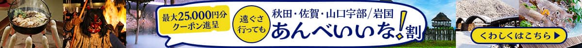 最大25,000円分のクーポン進呈 秋田・佐賀・山口宇部/岩国 遠ぐさ行ってもあんべいいな！割　くわしくはこちら