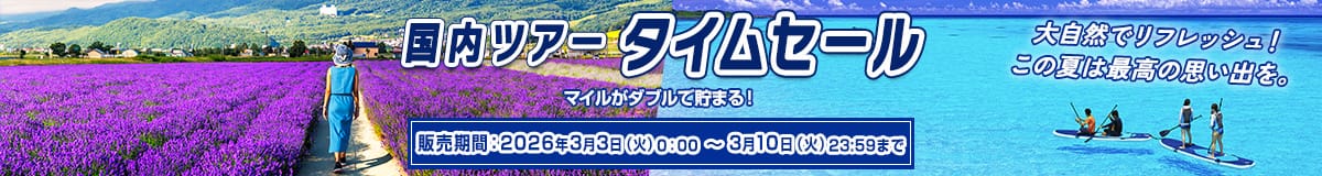 国内ツアータイムセール　大自然でリフレッシュ！この夏は最高の思い出を。　マイルがダブルで貯まる！　販売期間:2026年3月3日（火）0:00～3月10日（火）23:59まで
