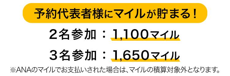 予約代表者様にマイルが貯まる！　2名参加：1,100マイル　3名参加：1,650マイル　※ANAのマイルでお支払いされた場合は、マイルの積算対象外となります。