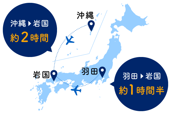 沖縄から岩国空港までの所要時間は、飛行機で約2時間。羽田空港から岩国空港までの所要時間は飛行機で約1時間半
