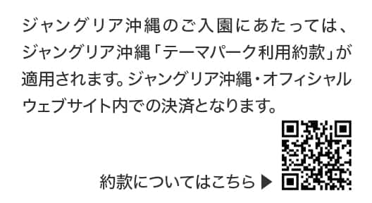 ジャングリア沖縄のご入園にあたっては、ジャングリア沖縄「テーマパーク利用約款」が適用されます。ジャングリア沖縄・オフィシャルウェブサイト内での決済となります。約款についてはこちら