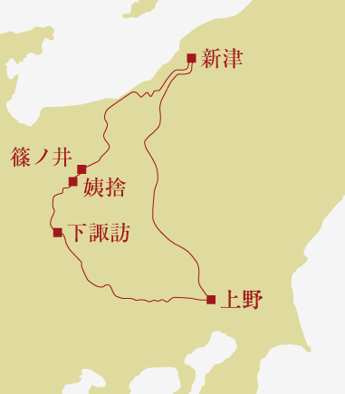 上野を出発したTRAIN SUITE 四季島が、長野県や新潟県を経由し、新津、篠ノ井、姨捨、下諏訪などの停車地を巡るルートを示した地図。