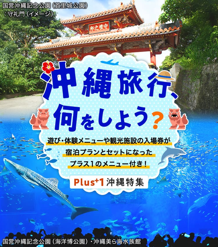 プラス1沖縄特集 沖縄旅行、何をしよう？ 遊び・体験メニューや観光施設の入場券が宿泊プランとセットになったプラス1のメニュー付き！ 国営沖縄記念公園（首里城公園）守礼門・国営沖縄記念公園（海洋博公園）沖縄美ら海水族館のイメージ写真