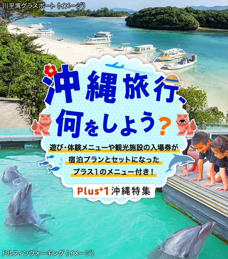プラス1沖縄特集 沖縄旅行、何をしよう？ 遊び・体験メニューや観光施設の入場券が宿泊プランとセットになったプラス1のメニュー付き！ 川平湾グラスボート、ドルフィンウォーキングのイメージ写真