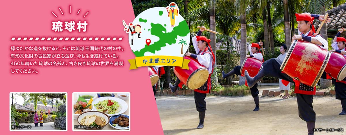 中北部エリア 琉球村 緑ゆたかな道を抜けると、そこは琉球王国時代の村の中。有形文化財の古民家が立ち並び、今も生き続けている。450年続いた琉球の名残と、古き良き琉球の世界を満喫してください。 エイサーを演舞している様子、琉球村の園内風景、沖縄そばやタコライスなどの沖縄料理のイメージ写真