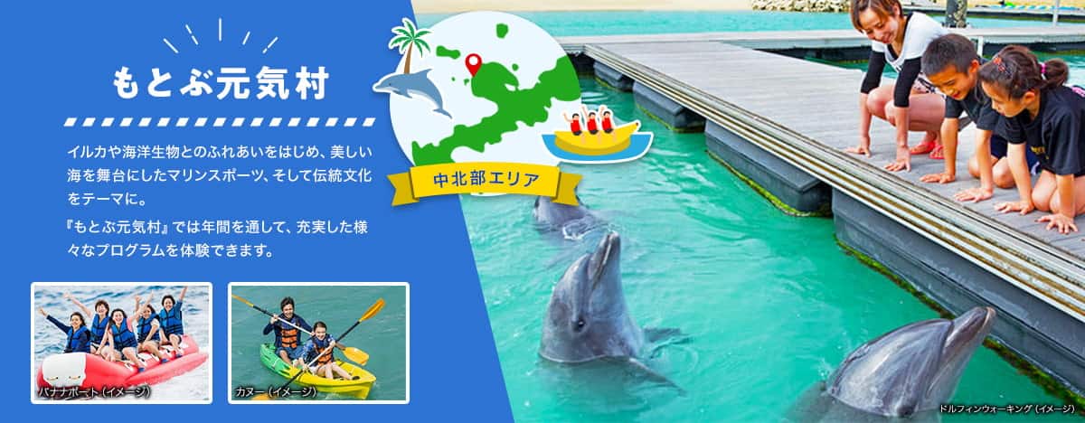 中北部エリア もとぶ元気村 イルカや海洋生物とのふれあいをはじめ、美しい海を舞台にしたマリンスポーツ、そして伝統文化をテーマに。「もとぶ元気村」では年間を通して、充実した様々なプログラムを体験できます。 バナナボートやカヌー、ドルフィンウォーキングのイメージ写真