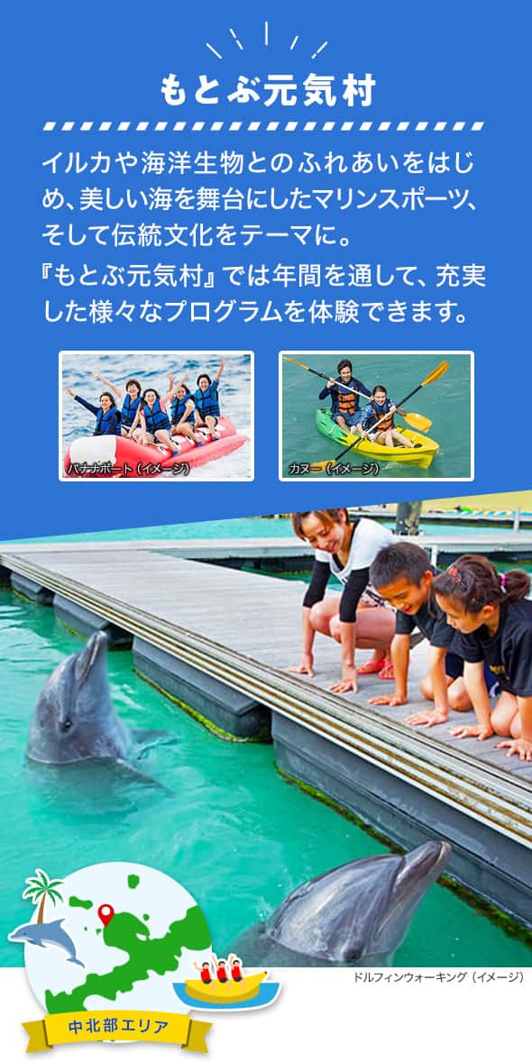 中北部エリア もとぶ元気村 イルカや海洋生物とのふれあいをはじめ、美しい海を舞台にしたマリンスポーツ、そして伝統文化をテーマに。「もとぶ元気村」では年間を通して、充実した様々なプログラムを体験できます。 バナナボートやカヌー、ドルフィンウォーキングのイメージ写真