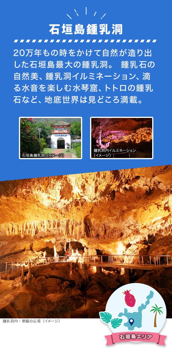 石垣島エリア 石垣島鍾乳洞 20万年もの時をかけて自然が造り出した石垣島最大の鍾乳洞。 鍾乳石の自然美、鍾乳洞イルミネーション、滴る水音を楽しむ水琴窟、トトロの鍾乳石など、地底世界は見どころ満載。 鍾乳洞内・華厳の広場、鍾乳洞内イルミネーションのイメージ写真
