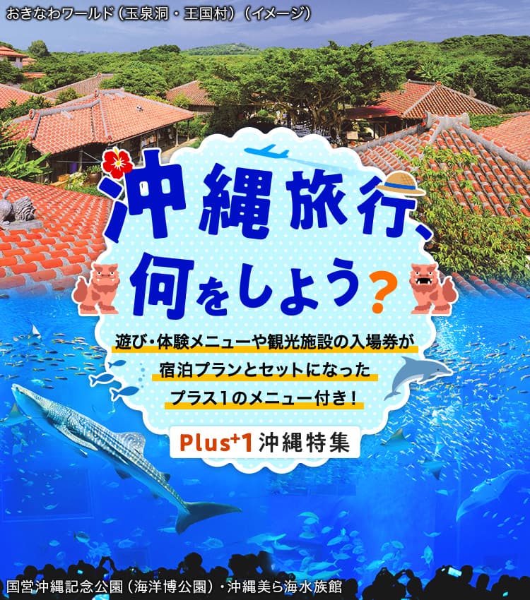 遊び・体験メニューや観光施設の入場券が宿泊プランとセットになったプラス1のメニュー付き！ おきなわワールド（玉泉洞・王国村）、国営沖縄記念公園（海洋博公園）・沖縄美ら海水族館のイメージ写真