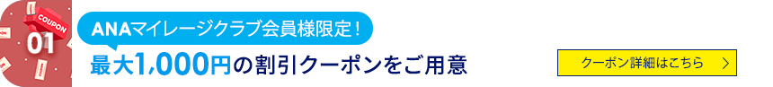 01 ANAマイレージクラブ会員様限定! 最大1,000円の割引クーポンをご用意 クーポン詳細はこちら